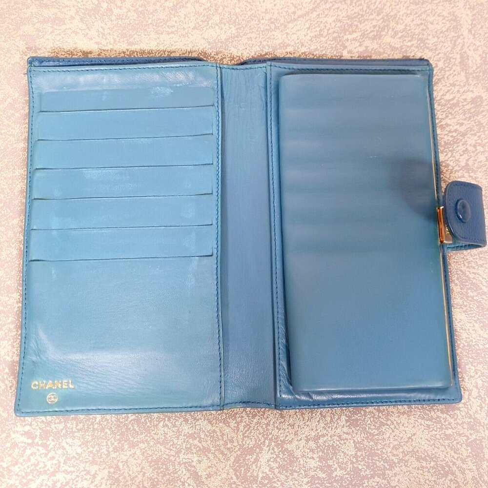 🔥💎 Chanel Caviar Kiss Lock Leather CC Logo Long Wallet Purse Blue Full set - Picture 12 of 16
